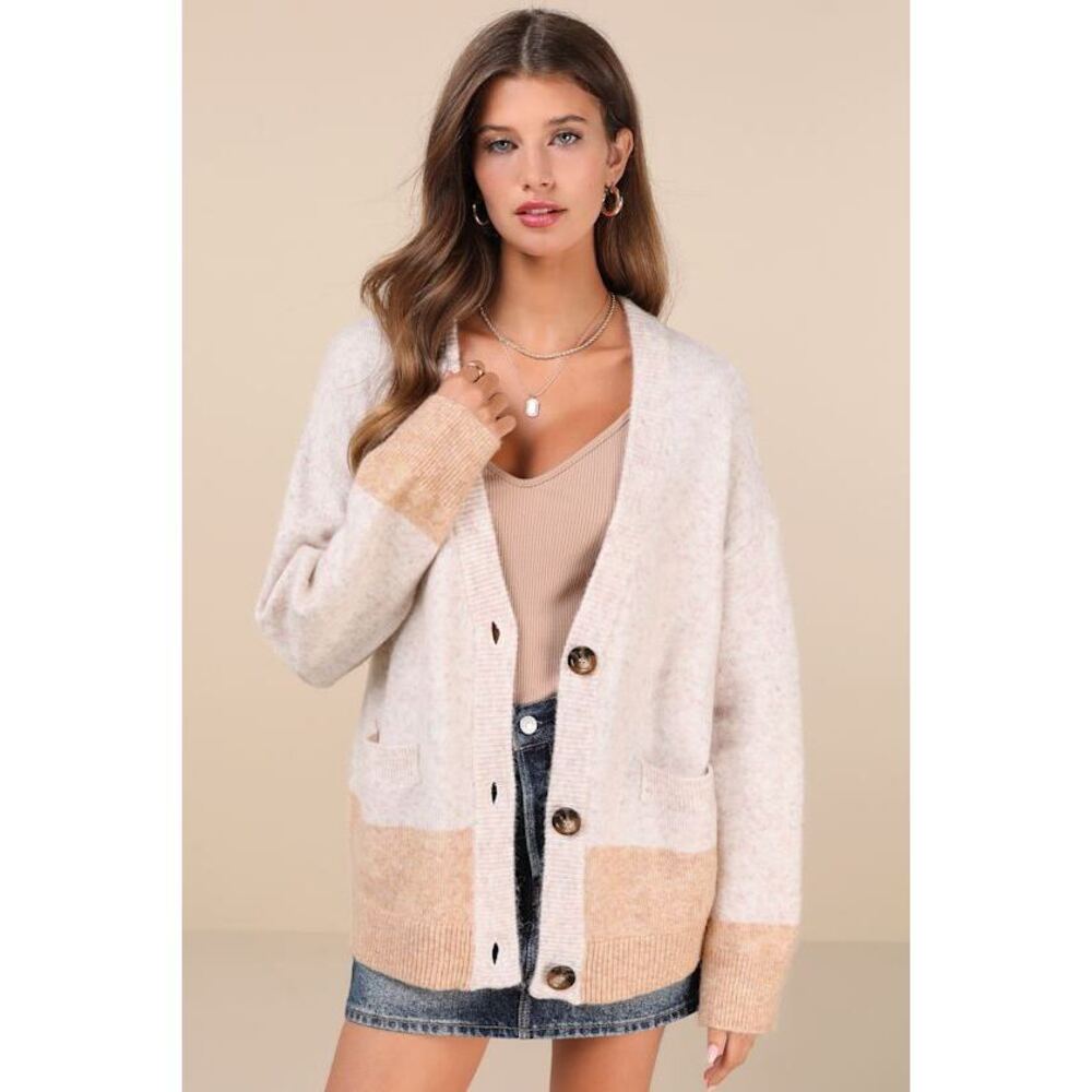 Lulus Cozy Success Ivory Marled Color Block Cardigan Sweater White - Size M